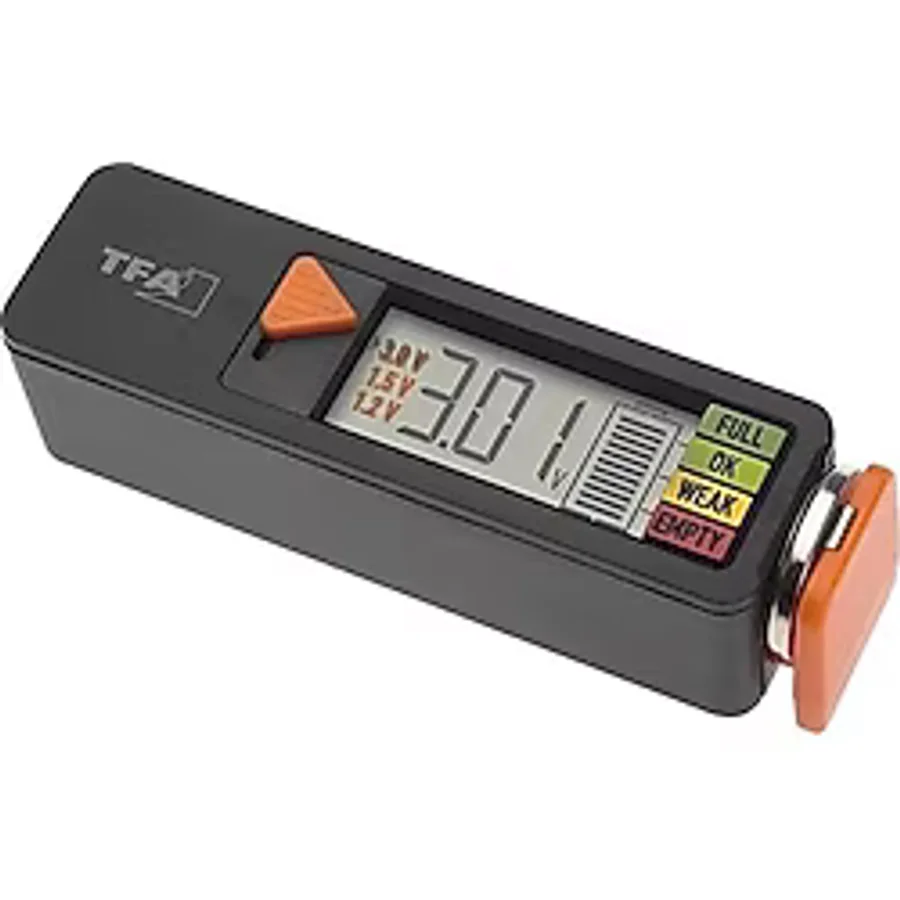 TFA Dostmann Pil test cihazı BatteryCheck, 98.1126.01, piller ve aküler için (AAA,AA,C, D), düğme pil, blok pil, şarj durumu/Volt göstergesi, kolay ve hızlı, siyah