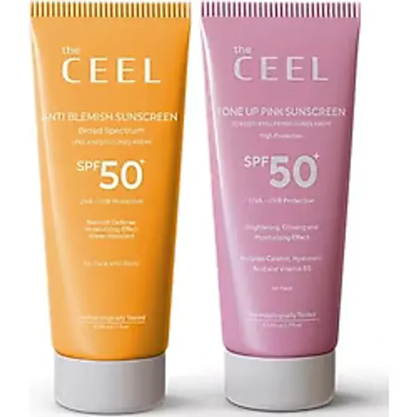 The Ceel SPF 50+ Güneş Kremi Seti - Leke Görünümü Karşıtı Güneş Kremi 50 ml ve Ton Eşitleyici Pembe Güneş Kremi 50 ml, UVA UVB Koruyucu Günlük Yüz Bakım Seti