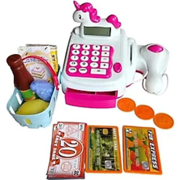 Tıfıl Toys Unicorn Tasarımlı Işıklı Sesli Pilli Eğitici Oyuncak Yazar Kasa ve Barkod Okuyuculu Alışveriş Seti