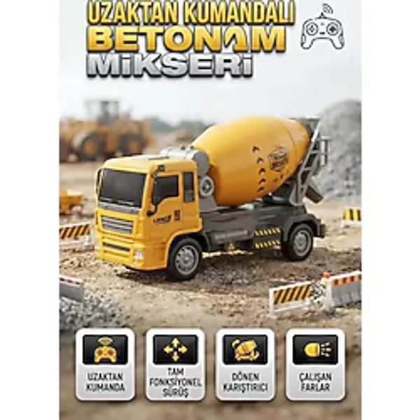 Tıfıl Toys Uzaktan Kumandalı 5 Fonksiyonlu Işıklı 1:50 Ölçekli Dönen Tamburlu Beton Mikseri Oyuncak İş Makinesi