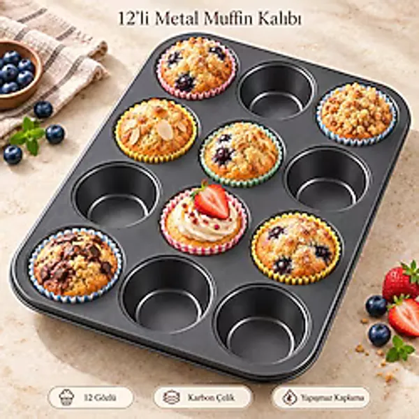 Tilbe Home 12'li Muffin Kalıbı Karbon Çelik Çift Kat Yapışmaz Kaplamalı Cupcake Mini Kek Brownie Kurabiye ve Çörek Pişirme Tepsisi 12 Gözlü Tek Parça Metal Fırın Kalıbı İnox Siyah Mutfak Kek Gereçleri