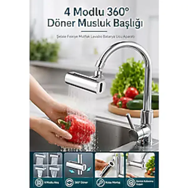 Tilbe Home 4 Modlu 360° Döner Akıllı Musluk Başlığı Şelale Fıskiye Mutfak Armatür Lavabo Batarya Çeşme Ucu