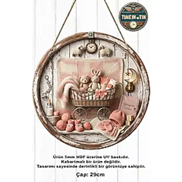 Time in a Tin Retro 1960 Bebek Kapı Süsü Ahşap Görünümlü 3D Etkili Vintage Kız Bebek Odası Kapı Süsü - 5Mm Mdf (29 Cm)