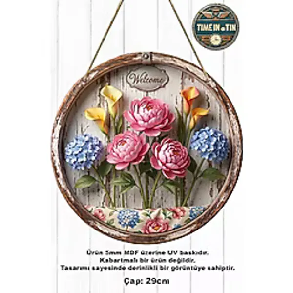 Time in a Tin Retro 1960 Dış Kapı Süsü - Şakayık Ve Ortanca Çiçekli "Welcome" Kapı Süsü - Mdf (29 Cm)