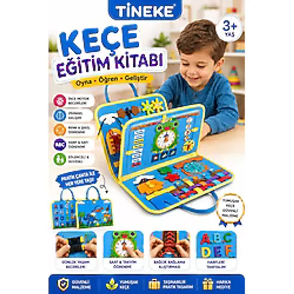Tineke 3+ Yaş Keçe Eğitim Kitabı Montessori Eğitici Aktivite Oyuncağı Beceri ve Zeka Geliştirici Çocuk Kitabı 4 Sayfa Mavi-Ing