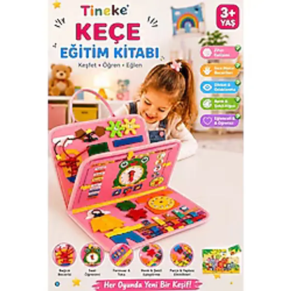 Tineke 3+ Yaş Keçe Eğitim Kitabı Montessori Eğitici Aktivite Oyuncağı Beceri ve Zeka Geliştirici Çocuk Kitabı 4 Sayfa Pembe-Ing