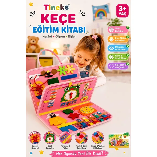 TİNEKE 3+ Yaş Keçe Eğitim Kitabı Montessori Eğitici Aktivite Oyuncağı Beceri ve Zeka Geliştirici Çoc