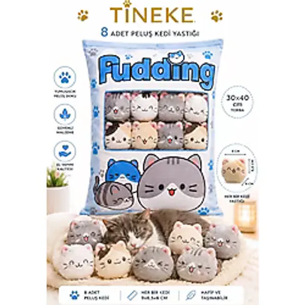 Tineke 8'Li Peluş Kedi Yastığı Seti - Minik Yumuşak Kedi Oyuncağı Ve Uyku Arkadaşı Mavi Karışık