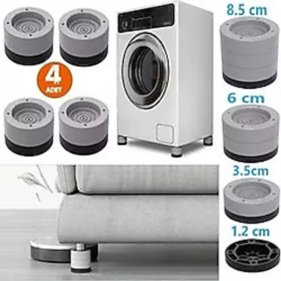 Tineke Beyaz Eşya Ayağı Çamaşır Makinesi Mobilya Titreşim Önleyici Kaydırmaz ve Yükseltici 4 Lü Set Gri - 6 CM