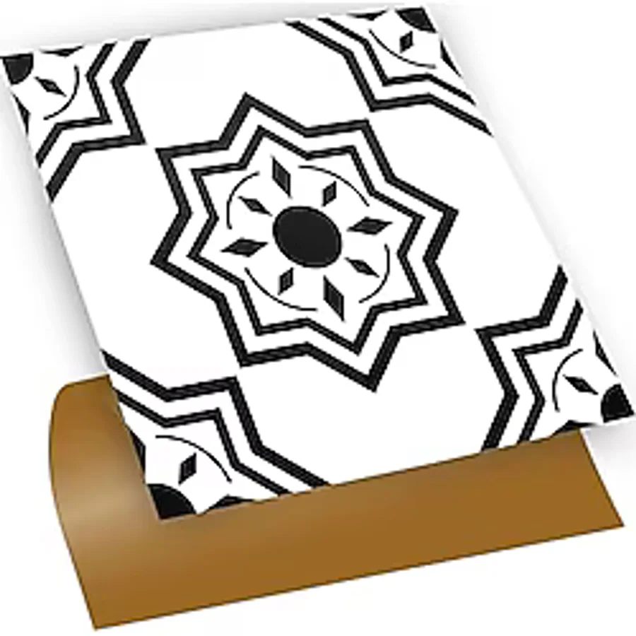 Tink Kendinden Yapışkanlı Fayans Çıkartması, Zemin Duvar Kaplama, Yapışkanlı Fayans Kaplama PVC Karo Siyah Selçuklu Yıldızı Desenli 30x30 cm (4 ADET) 0,36m2