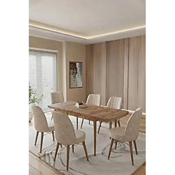 Toce Kuf Serisi 80X130 Açılabilir Masa Yemek Odası Takımı, Mutfak Takımı 6 Adet Sandalye - Krem