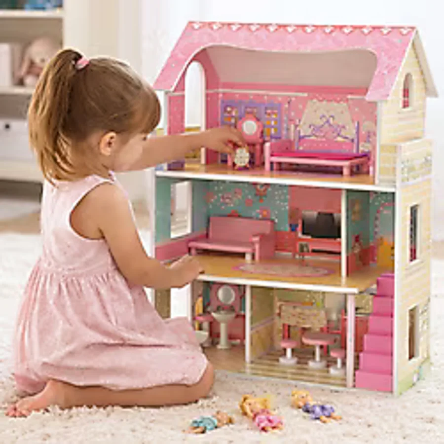 Toha 3 Katlı Ahşap Bebek Evi 10 Parça Aksesuarlı Oyuncak Ev Büyük Boy Kız Çocuk Oyuncağı