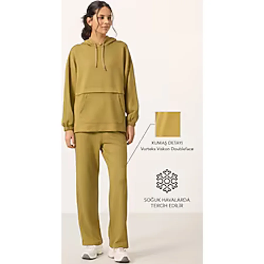 TOMMY LIFE Siyah Yumuşak Dokulu Kapüşonlu Oversize Kadın Eşofman Tunik Takım - 95348