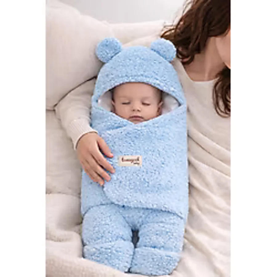 Tomuycuk 0-12 Ay Içi Elyaflı Peluş Welsoft Kulaklı Mavi Dış Bebek Kundak & Battaniyesi Kışlık Uyku Tulumu