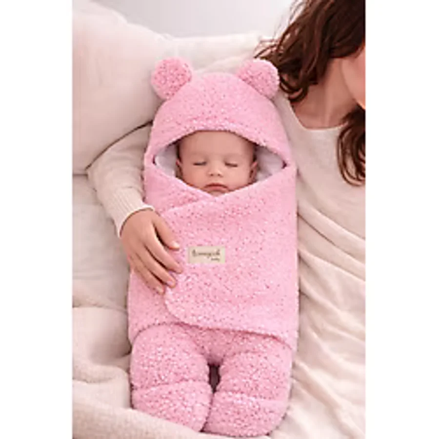 Tomuycuk 0-12 Ay Içi Elyaflı Peluş Welsoft Kulaklı Pembe Dış Bebek Kundak & Battaniyesi Kışlık Uyku Tulumu