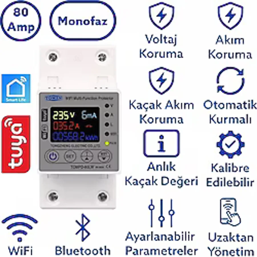 Tomzn 80A Wifi Akıllı Kaçak Akım Rölesi Tomzn 80A Wifi Voltaj Akım Koruyucu Röle TOMPD-80LW