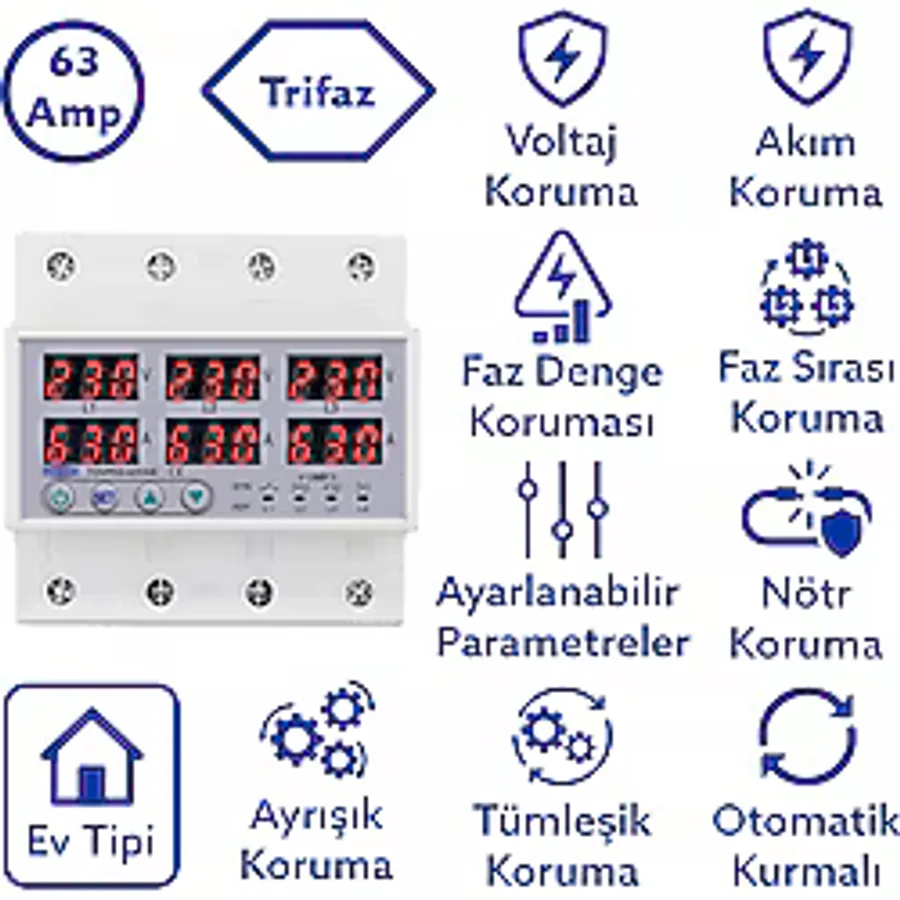 Tomzn Gerilim Ve Akım Koruma Rölesi Voltaj Koruyucu 63A 3 Fazlı - Ev Tipi - Ayrışık Faz Koruma
