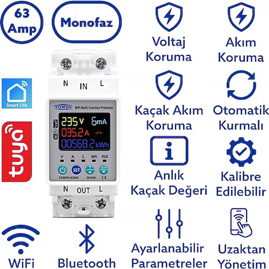 Tomzn Kaçak Akım Koruma Rölesi ve Yüksek Voltaj ve Akım Koruyucu Röle 63A Devrim Niteliğinde Yenilik