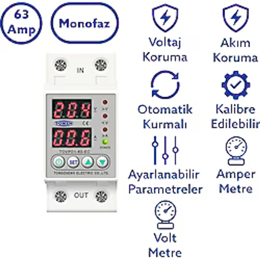 Tomzn Voltaj ve Akım Koruma Rölesi Yüksek Alçak Gerilim Akım Koruyucu 63A Elektrik Bekçisi