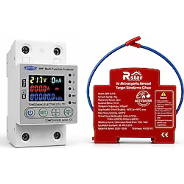 Tomzn Wifi Akıllı Kaçak Akım Koruma Rölesi + Rstar Otomatik Aerosol Yangın Söndürme Cihazı Elektrik Panosu Koruma Seti