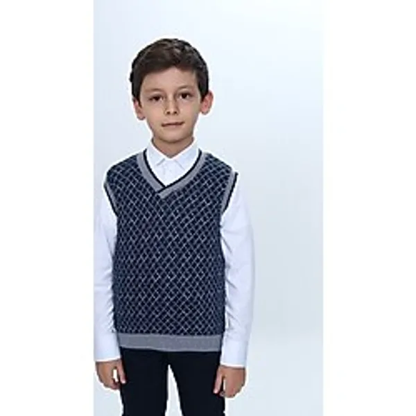 Toontoy Erkek Çocuk Regular Fit V Yaka Kare Desenli Okul Süveter - Garni & 2 İplik