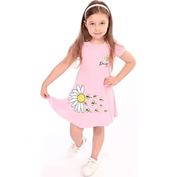 Toontoy Kız Çocuk Göğsü Ve Etek Kısmı Daisy Yazılı Arı Baskılı Elbise