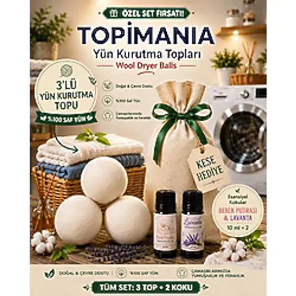 Topimania 3 Adet Xxl Doğal Yerli Üretim Çamaşır Yün Kurutma Topu 2 Adet 10 ml Esans - Kurutma Makinesi İçin