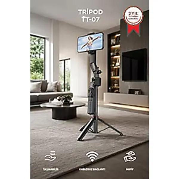 TORIMA 360 Yüz Takipli Akıllı Gimbal Çok Amaçlı Kumandalı 1.76 Cm Selfie Çubuğu TT07 Tripod Siyah
