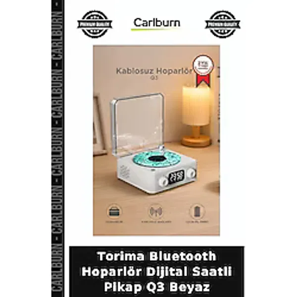 Torima Bluetooth Hoparlör Dijital Saatli Pikap Q3 Beyaz Dekoratif Saat Hediyelik Eşya Ofis Aksesuarı