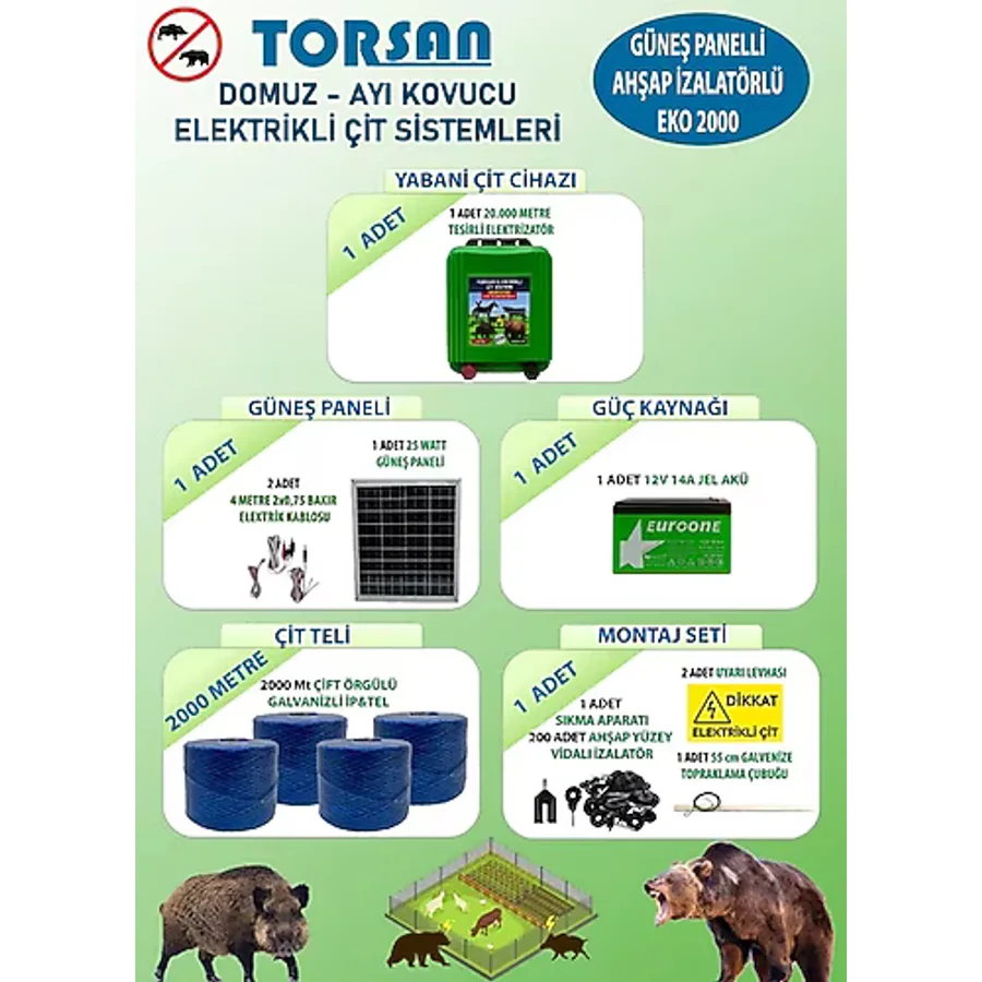 Torsan Güneş Panelli Eko 2000 Elektrikli Çit Sistemi Domuz - Ayı Kovucu 2000mt