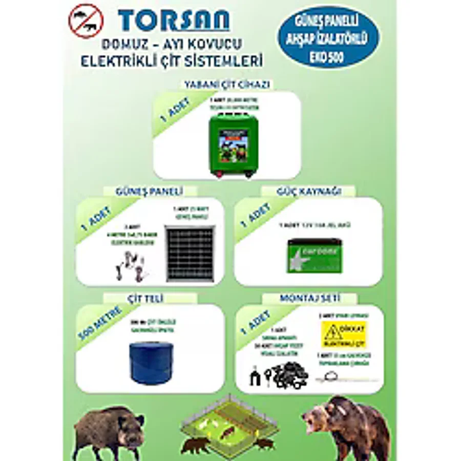 Torsan Güneş Panelli Eko 500 Elektrikli Çit Sistemi Domuz - Ayı Kovucu 500mt