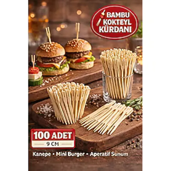 TOYFEST 100 Adet Bambu Çatallı Kürdan 9 cm Kokteyl Kürdanı Aperatif Sunum Kürdanı Mini Burger Kürdanı