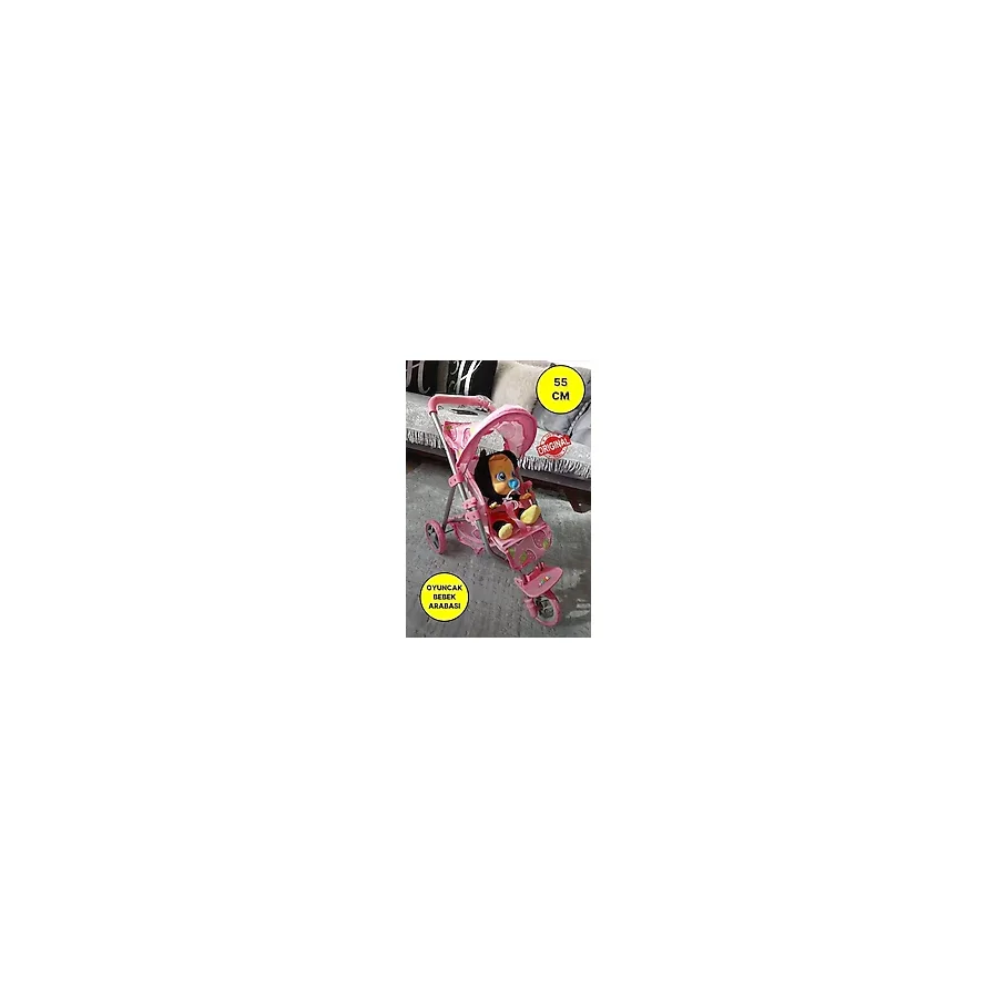 Toyfest 3 Tekerlekli Metal İskeletli Katlanabilir Çilek Desenli Çocuk Oyuncak Bebek Arabası Puset - 55 Cm
