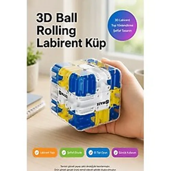 Toyfest 3D Labirent Küp Zeka Oyunu Top Yönlendirme Şeffaf El Tipi Beceri Oyuncağı Maze Mavi Sarı 6,9 cm