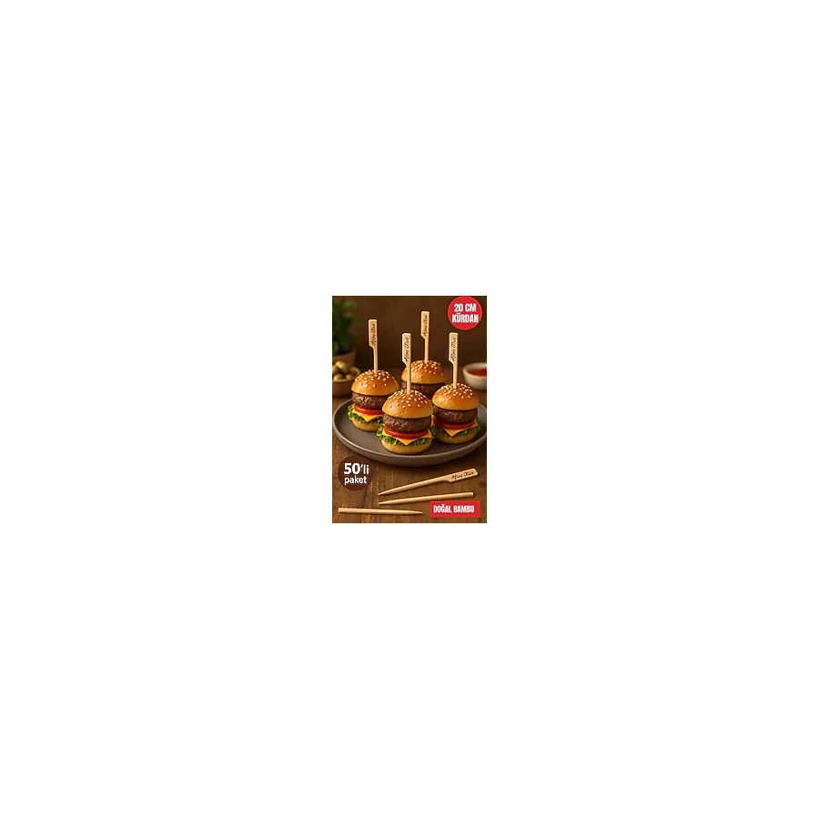 Toyfest 50'li Paket 20 cm Bambu Sunum Kürdanı - Kanape, Kokteyl, Mini Hamburger, Atıştırmalık Kürdan