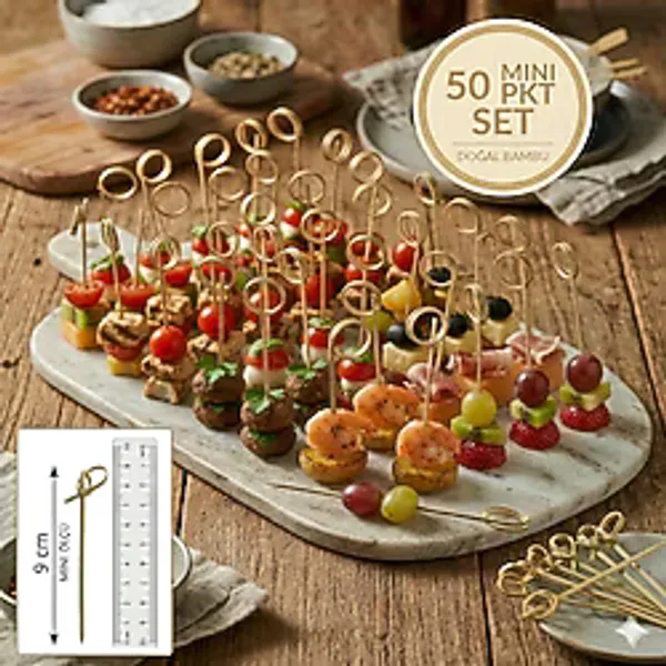 TOYFEST 50'li Pkt 9 cm Dekoratif Yuvarlak Bambu Kürdan - Kokteyl Kürdanı Parti Sunum Kürdan Seti