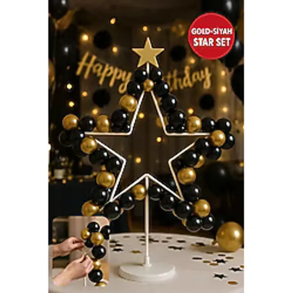 Toyfest Gold Siyah Yıldızlı Balon Standı Masa Üstü Parti Süsü Doğum Günü Masa Dekoru Seti