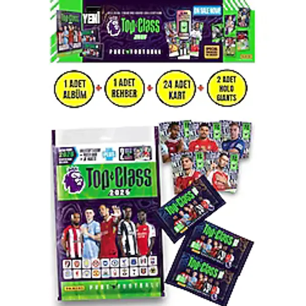 TOYFEST Panini Top Class 2025 Premier League Koleksiyon Futbolcu Kartı Albüm Dergi 24 Adet Kart+2 Holo Kart