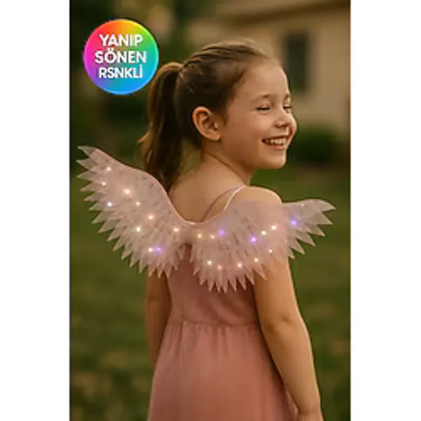 Toyfest Rose Renk Işıklı Melek Kanadı Çocuk Kostüm Aksesuarı Şeffaf Parlak Işıltılı Kanat - (3 - 7 Yaş)