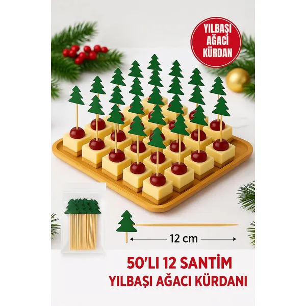 Toyfest Yılbaşı Ağacı Kürdan 12 cm - 50'li Paket Parti, Sunum, Kanepelik, Tatlı Süsleme Kürdanları