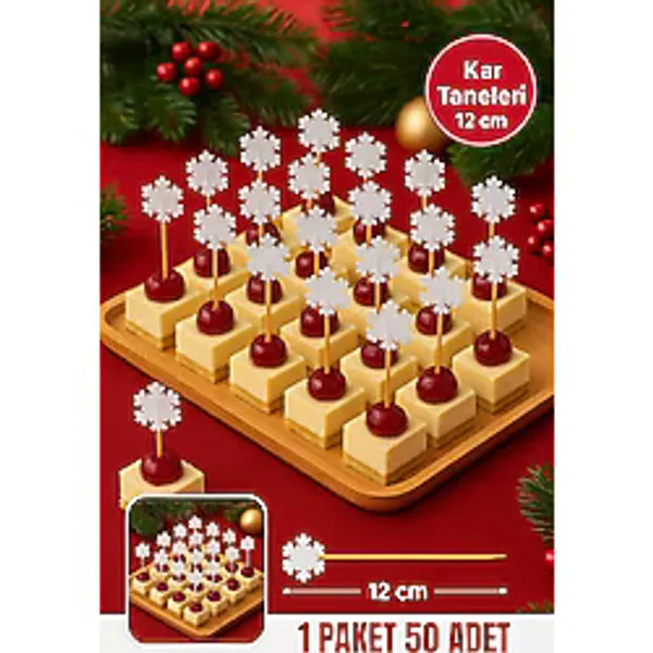 Toyfest Yılbaşı Bambu Kar Taneli Kürdan 12 cm - Kokteyl, Kanepe, Pasta Süsleme 50'li Paket