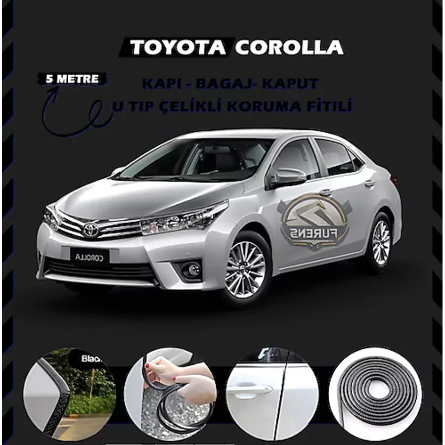 Toyota Corolla Oto Araç Kapı Koruma Fitili 5metre Parlak Siyah Renk