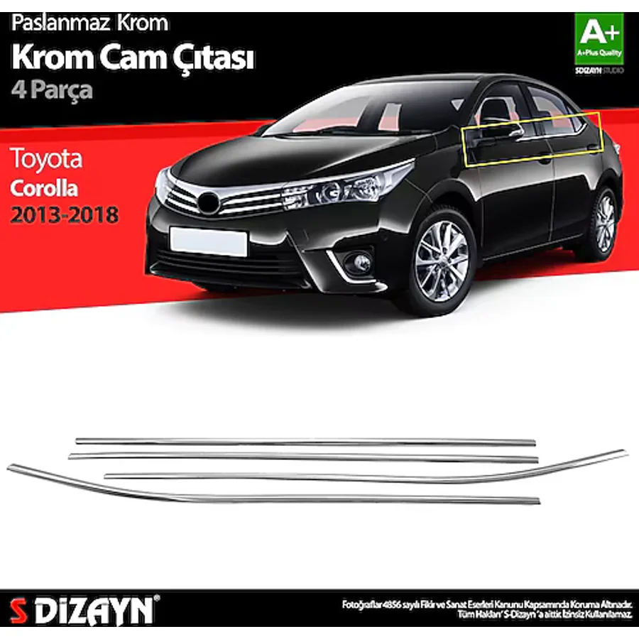 Toyota Corolla Uyumlu Krom Cam Çıtası 4 Parça 2013-2018 Paslanmaz Çelik