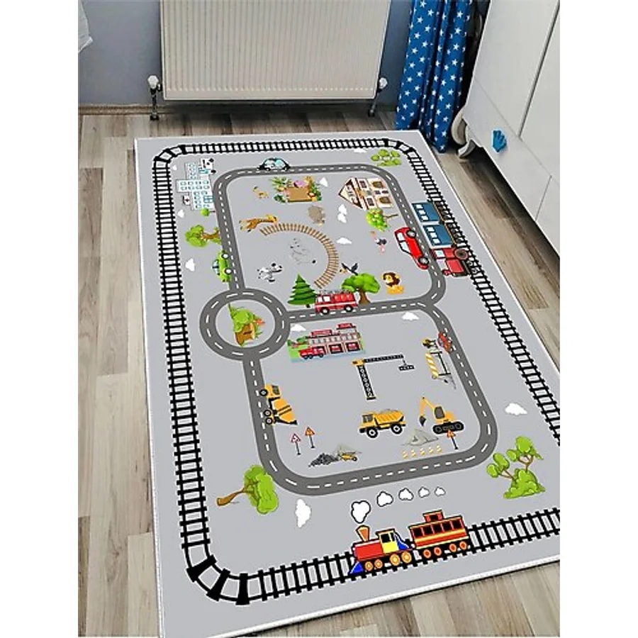 Trafik Tren Çocuk Oyun Halısı Kaymaz Makinede Yıkanabilir