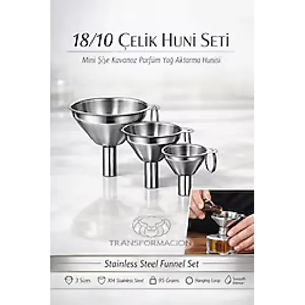 Transformacion 3lü Çelik Huni Seti Mini Şişe Kavanoz Parfüm Yağ Aktarma Hunisi Paslanmaz 18/10 304 Kalite 723450