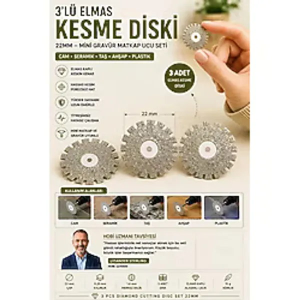 Transformacion 3lü Elmas Kesme Diski Seti 22mm - Mini Gravür Matkap Ucu Cam Seramik Taş Ahşap Plastik Kesici Testere Bıçağı Mandrel Başlıklı Hassas Hobi Oyma Aşındırma Disk Seti 723542 - TIRTIKLI