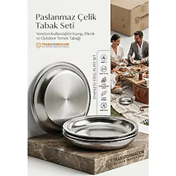 Transformacion 4'lü Paslanmaz Çelik Tabak Seti 21 cm, Kırılmaz, Hafif, Yeniden Kullanılabilir Kamp, Piknik ve Outdoor Yemek Tabağı 719554