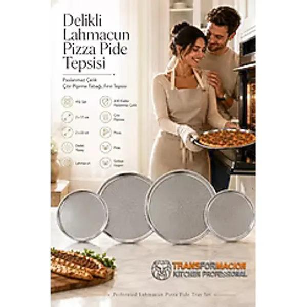 Transformacion 4'lü Set Delikli Pizza Tepsisi, 17cm ve 22cm Paslanmaz Çelik Lahmacun Pide Tabağı, Kişisel Porsiyon Çıtır Pişirme Seti 721570