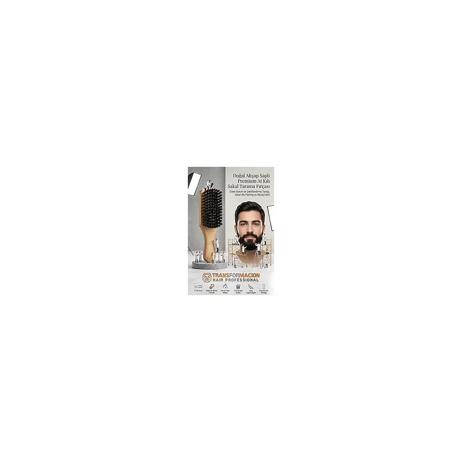 Transformacion Doğal Ahşap Saplı Premium At Kılı Sakal Tarama Fırçası - Erkek Bakım ve Şekillendirme Tarağı, Sakal Altı Peeling ve Masaj Etkili Profesyonel Berber Tipi Sakal Fırçası 721410