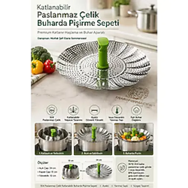 Transformacion Katlanabilir Buharda Pişirme Sepeti 18/10 304 Paslanmaz Çelik Haşlama Aparatı Ayaklı Yanmaz Saplı Süzgeç 723468 - Profesyonel